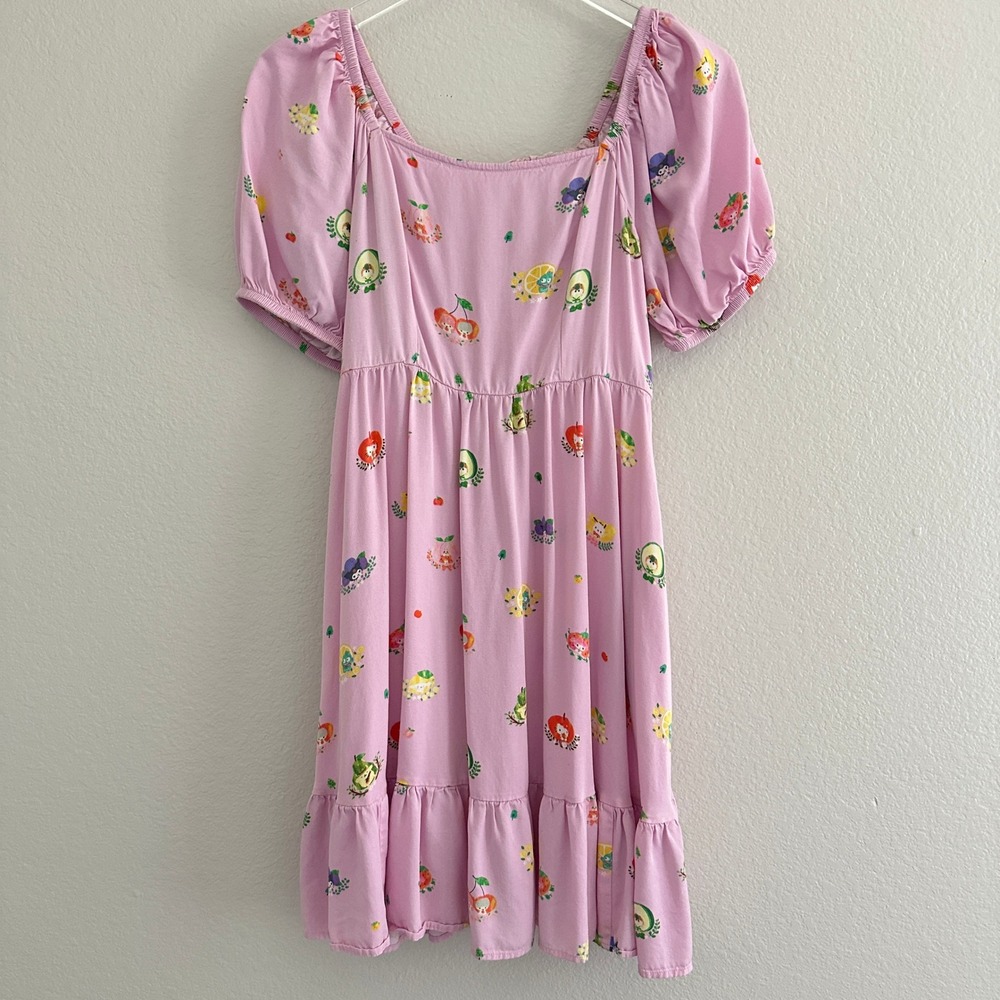 Sanrio Hello Kitty Fruit Print Dress Womens Small? Pink Smocked Puff Sleeve Mini